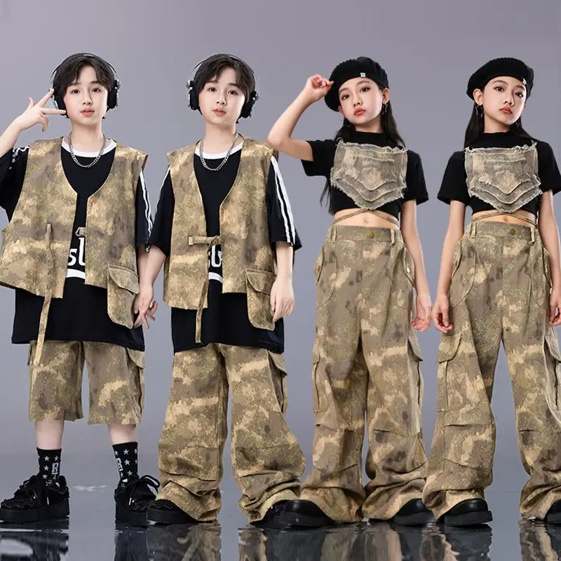 Kid Cool Hip Hop Clothing Star Crop Tank Desert Camouflage Vest Casual Wide Cargo Pants for Girl Boy Jazz Dance Costumes Clothes