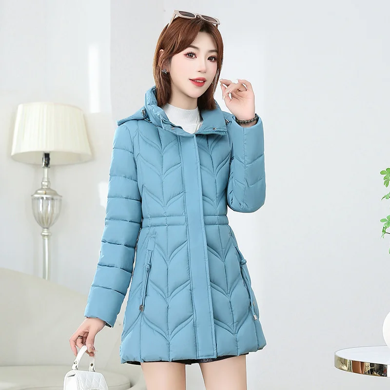 Giacca da donna 2025 Parka invernale Nuovi vestiti di cotone Cappotti medio lunghi Piumino coreano Slim caldo spesso da donna con cappuccio Puffer Parka