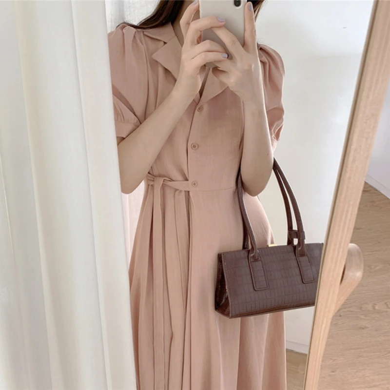 Ele été Chic col t-shirt bouton côté cravate taille bulle Sve lin Dr femmes taille haute printemps trajet Sle