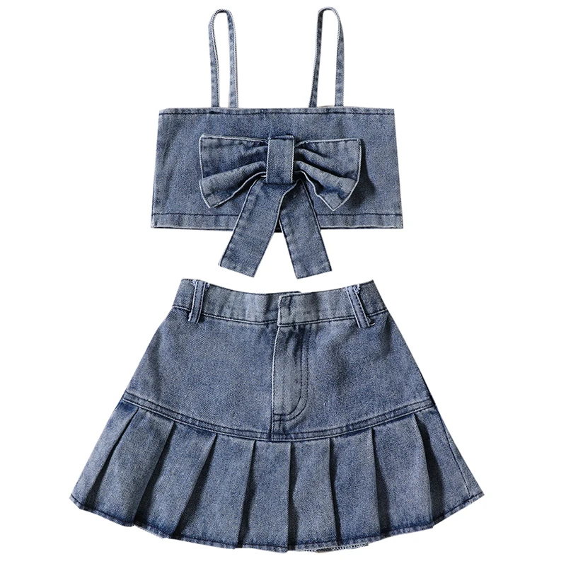 

2Piece Summer Kids Clothes Girls Outfit Sets Fashion Princess Cute Bow Denim Sleeveless Baby Tops+Skirt Children Clothing BC1095