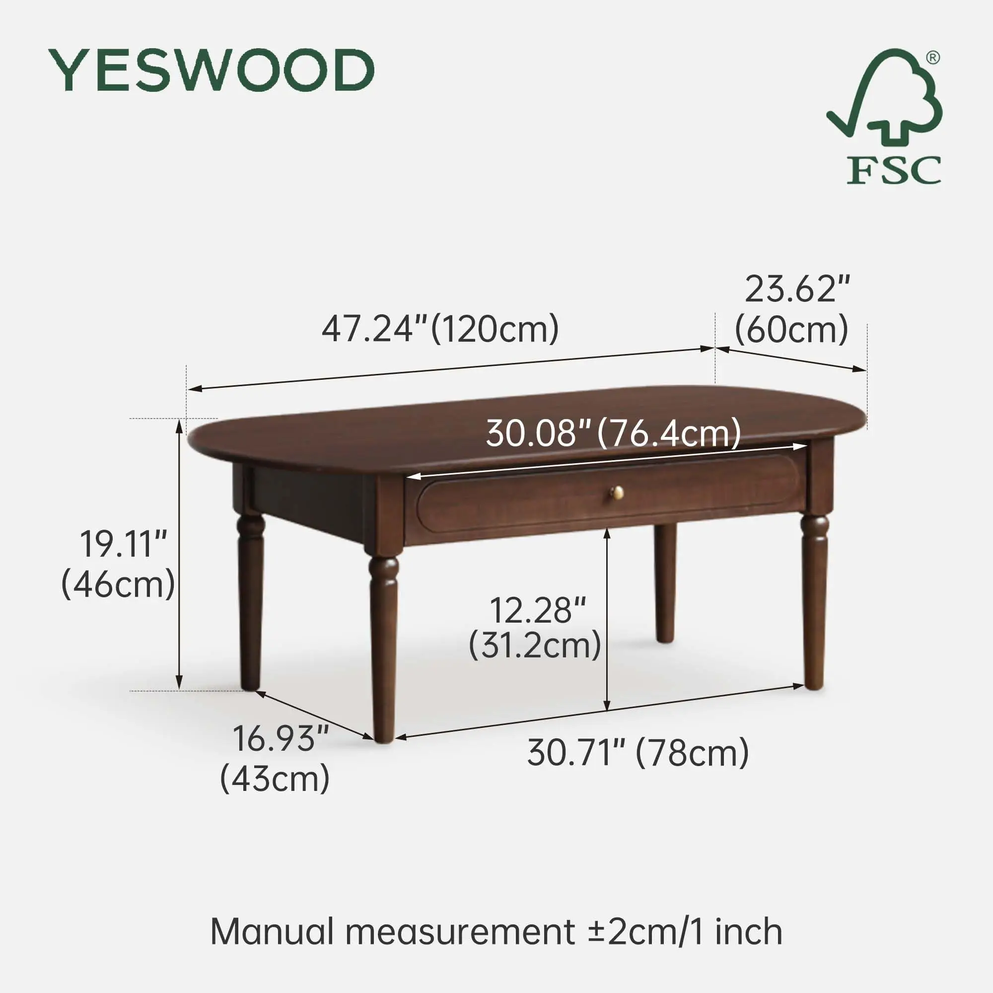 Solid Wood Coffee Table with Drawer, Retro Coffee Table with Vintage Detailings, Large Rectangular Living Room