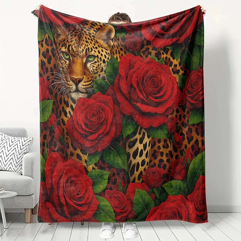 Vintage Cheetah With Big Red Rose Pattern Soft Flannel Blanket Lightweight Air Conditioning Cover Blanket For Couch Travel