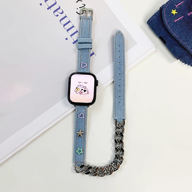 Ремешок джинсовый для Apple Watch Band 40 мм 49 мм 45 мм 41 мм 38 42 44, двойной туристический браслет для iWatch Series 7 8 9 Se6 5 4 3 Ultra