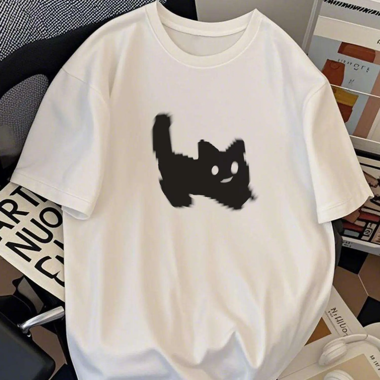 Blurry Black Cat Smiling Graphic T-shirt Minimal Cute Kitten Meme Unisex Casual White Cotton Oversized Tee