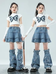 2024 Girls Jazz Dance Costume Summer Kpop White Navel Tops Denim Skirt Kids Cheerleading Performance Clothes Stage Outfit L12627