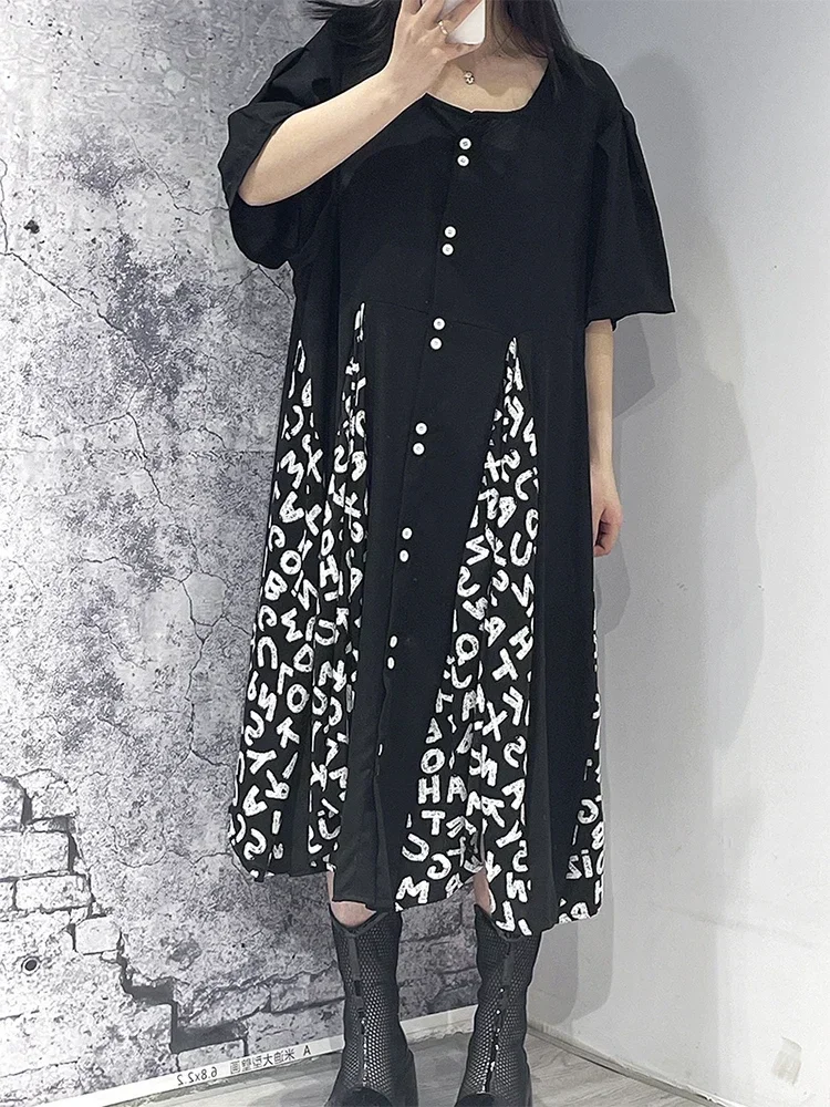 XITAO Loose Casual T-shirt Dress Contrast Color Letter Print Splicing Hem 2025 Summer New Simplicity O-neck Women GJ0007