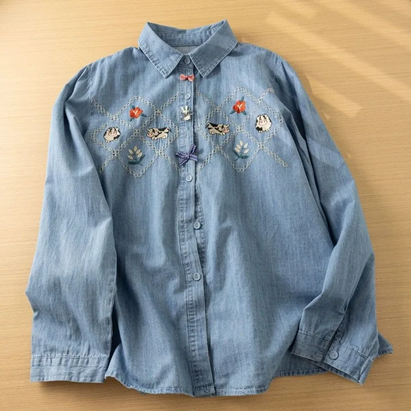 

Harajuku y2k Denim Shirts Women Spring Tops Korean Fashion Long Sleeve Flowers Embroidery Denim Blouses Designer Jean Shirt