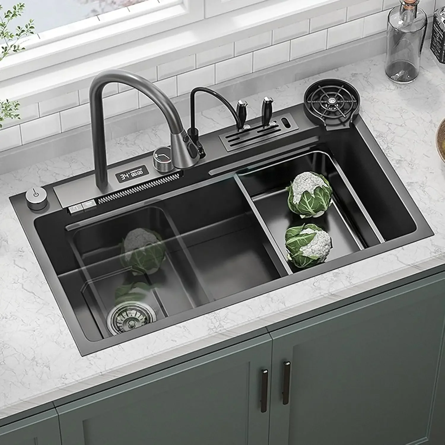 Kitchen Sink Stainless Steel Countertop Single Bowl Digital Display Faucet Sink，With Cup Washer, Clean Water Saucet