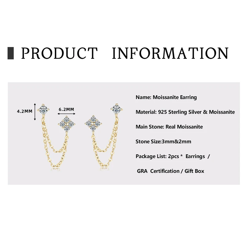 Lnngy 925 Sterling Silber Doppel Ohrstecker Kette Quaste Ohrringe Zertifiziert 3mm & 2mm Blume Moissanit Tropfen Ohrring für Frauen Geschenk – Detail 1