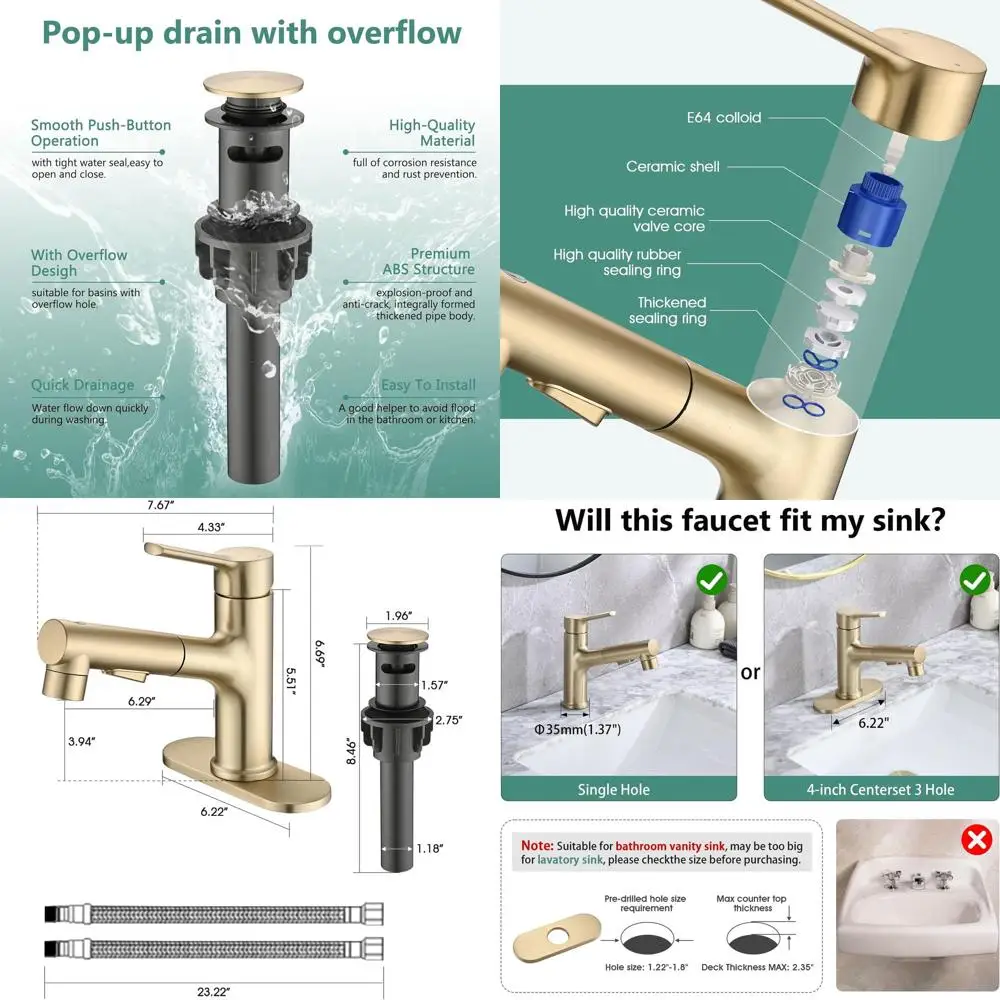 

Gold Single Handle Modern Bathroom Sink Faucet with Pull-Out Sprayer, Pop-up Drain Stopper & Deck Plate, 1 or 4-Inch Centerset,