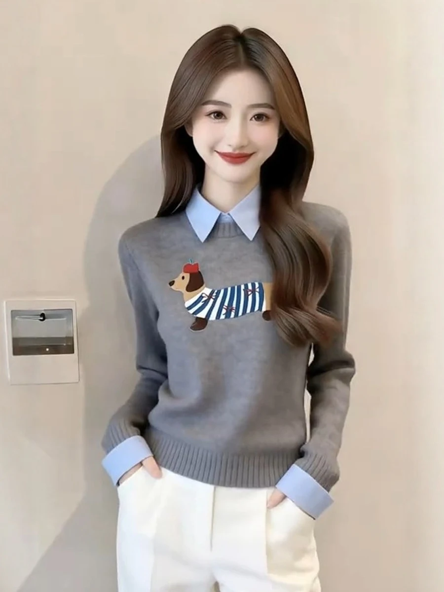 

Loose Knitted ey Two-Piece Look Embroidered Dog Collar Sweater Women's Autumn Winter Lazy Sle Long Sve Soft Fabric Top