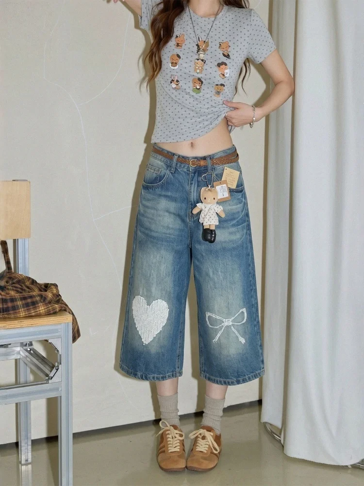

Blue American Retro Heart Embroidery Wide Leg Jeans Women's Summer Knot Casual High Waist Denim Pants
