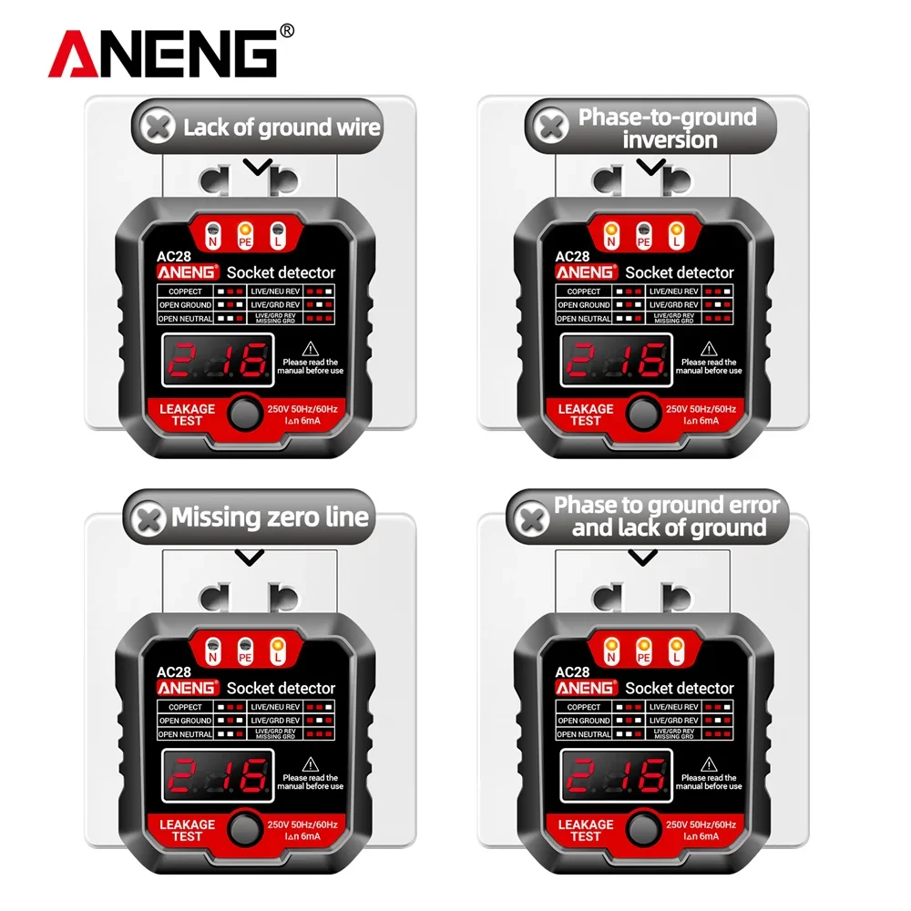 ANENG AC28 Digital Socket Power Tester Circuit Breaker Finder 250V 50Hz/60Hz Socket Polarity Detector Voltage Tester EU/US Plug