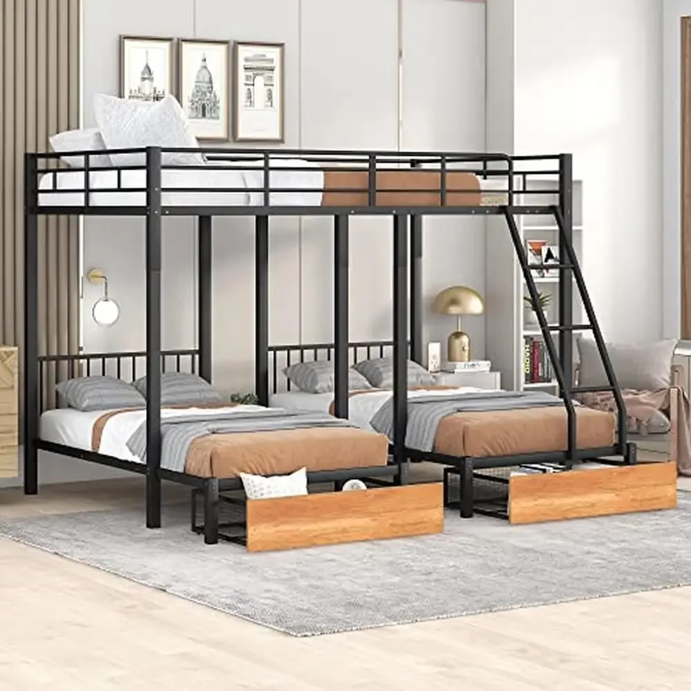 Metal Triple Bunk Bed with Drawers Full Over Twin & Twin 3 Space-Saving Noise Free Guardrails No Box Spring