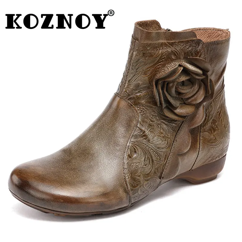 Koznoy Genuine Leather Luxury Woman Loafers 3cm Shoes for Designer Handmade Appliques Flower Autumn Spring Female Moccasins Flat