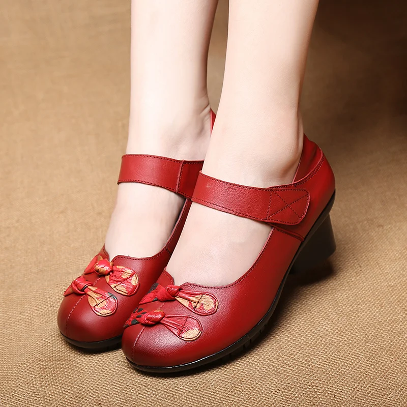 Plus Size 35-42 Geunine Leather Flats Woman Mom Ethnic Mary Jane Shoes Luxury Brand Mid-aged Chunky Heeled Pumps 2024 Spring New