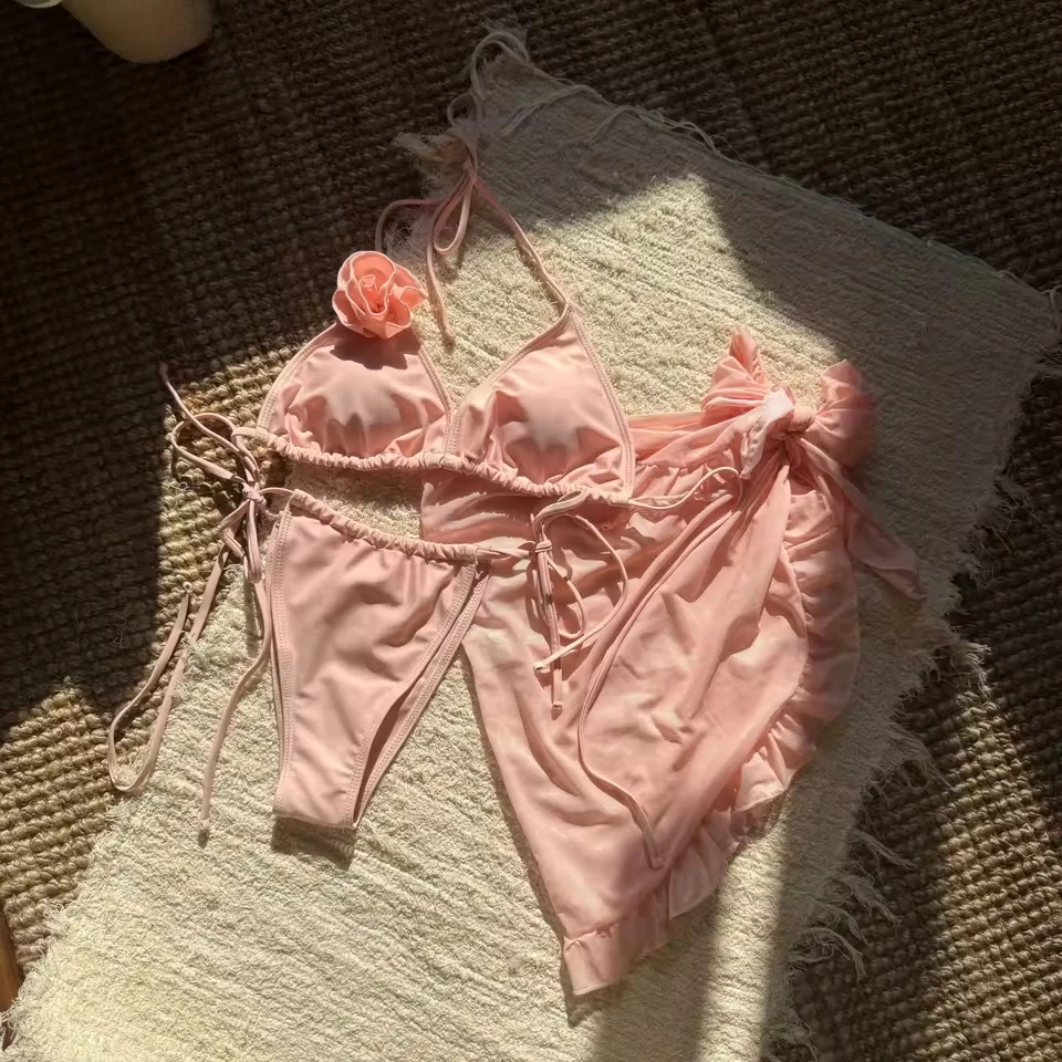 

Sexy 3D Flower Halter With Sarong Bikini Female Swimsuit Women Swimwear Three-pieces Bikini set Bather Bathing Suit Swim