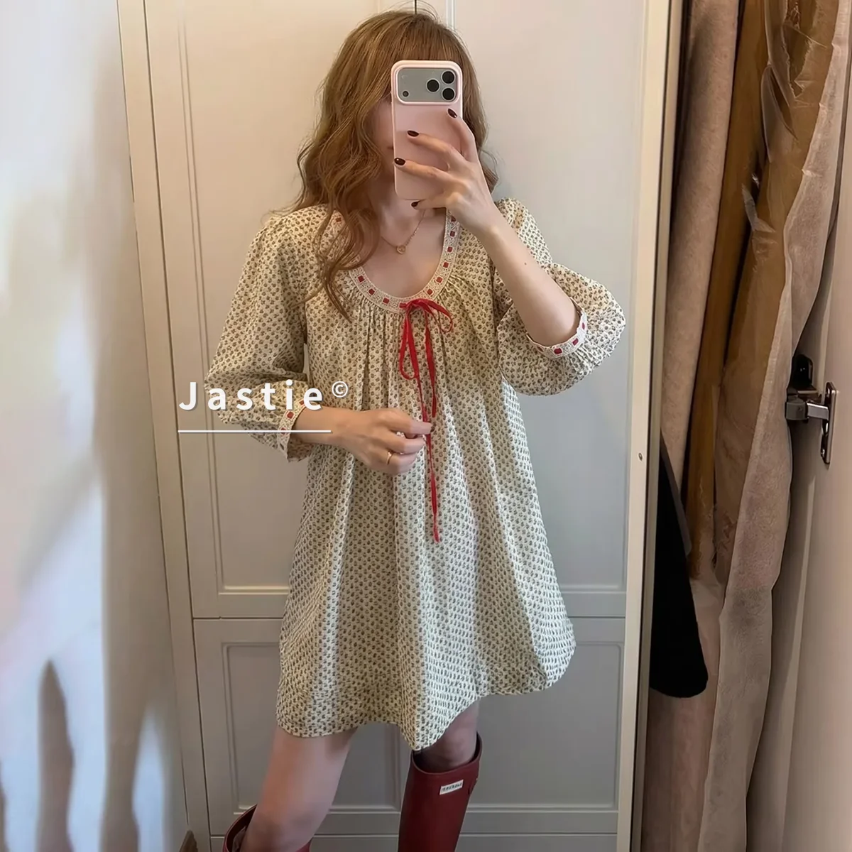 Vestido Mini Floral Kawaii Francés para Mujer, Vestido Corto de Verano con Lazo Rojo, Manga Abullonada, Algodón, Línea A, Estilo Dulce Lolita Cottagecore