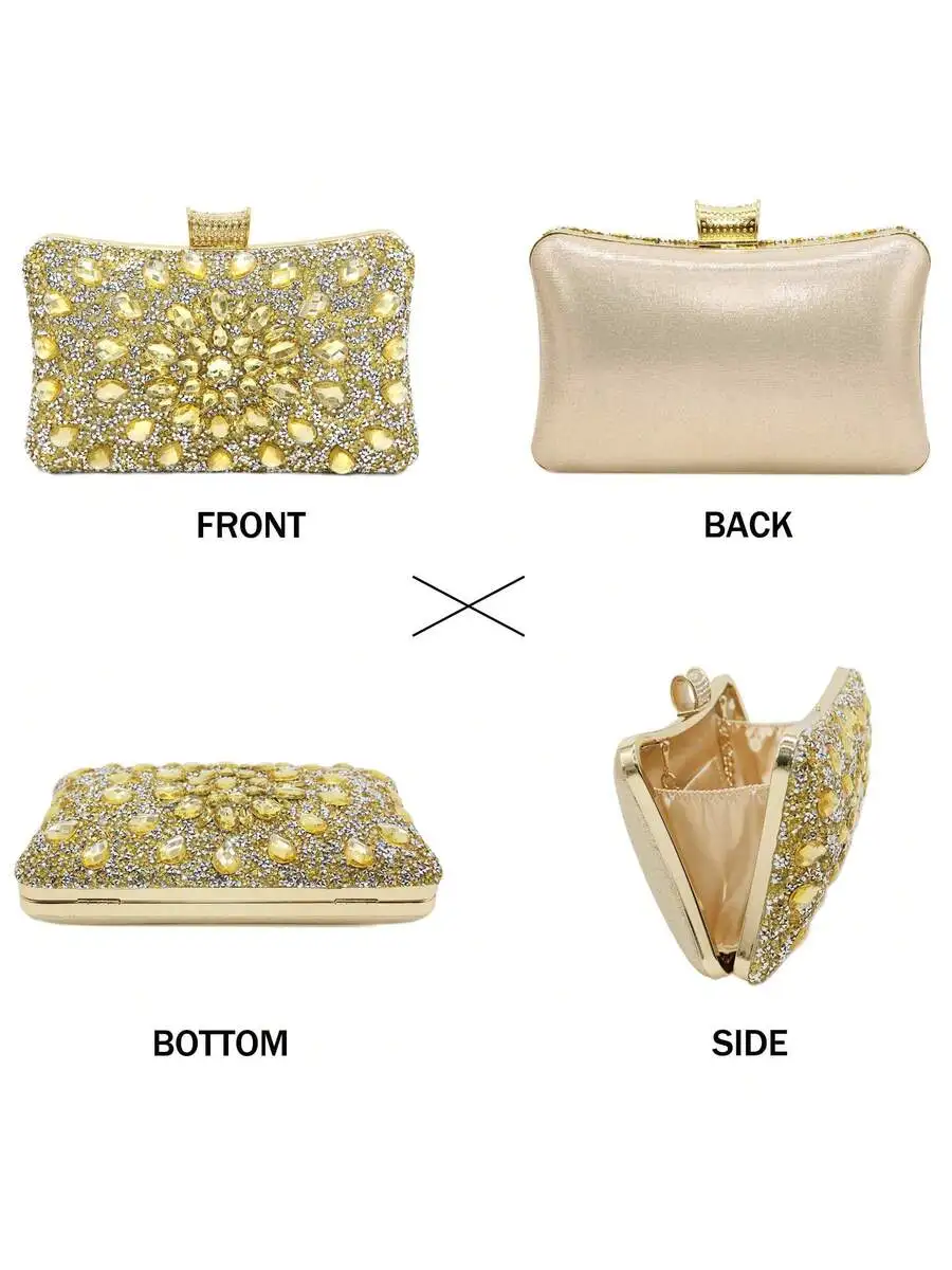 Elegant Gold Sunflower Crystal Clutch Box Purse For Wedding, Prom, Formal Dinner And Evening Party Events