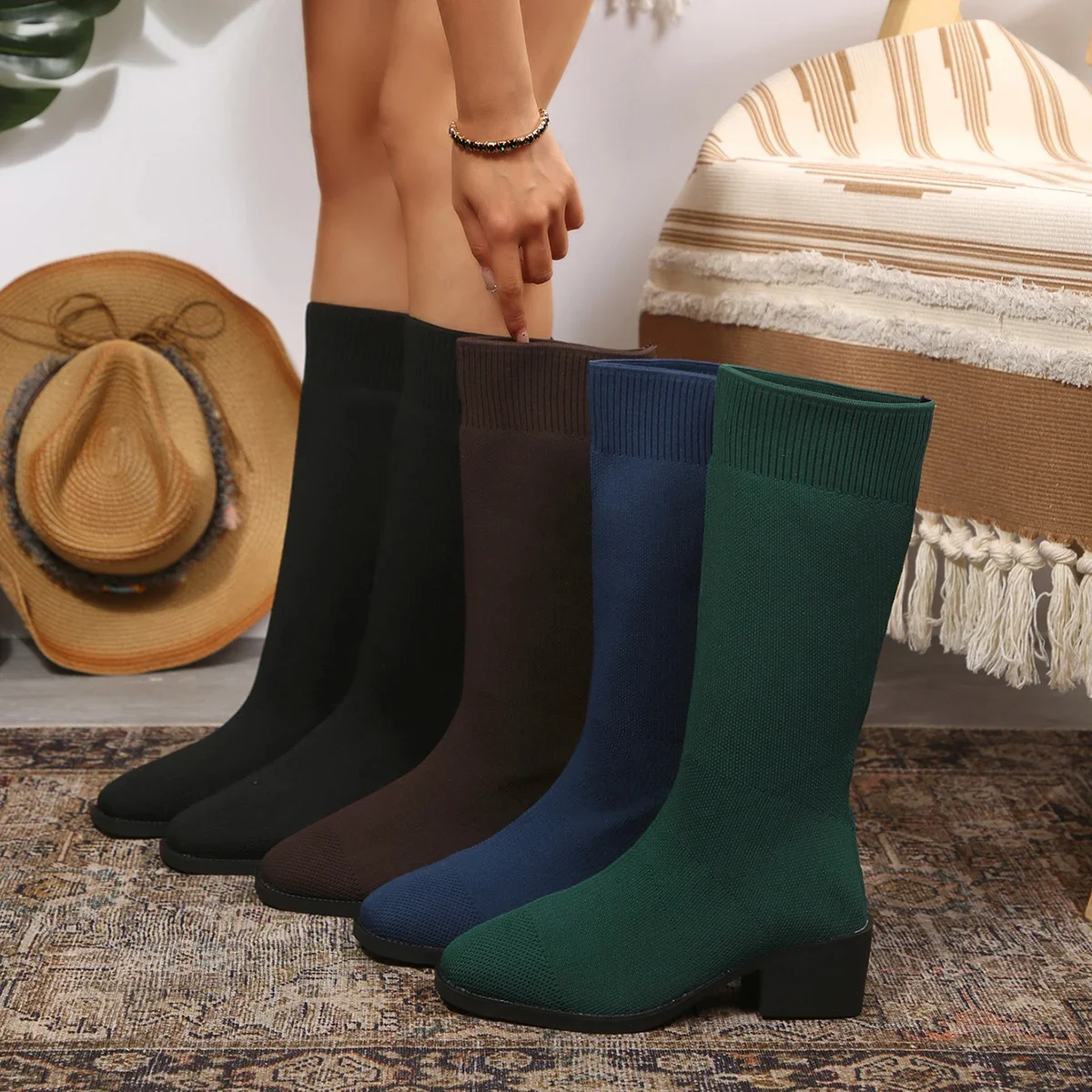 Frühling Herbst Mode Damenstiefel Quadratische Spitze Gestrickte Sockenstiefel Slip-on Halbstiefel Damen High Heels Übergrößen 35-43 Schuhe – Detail 2