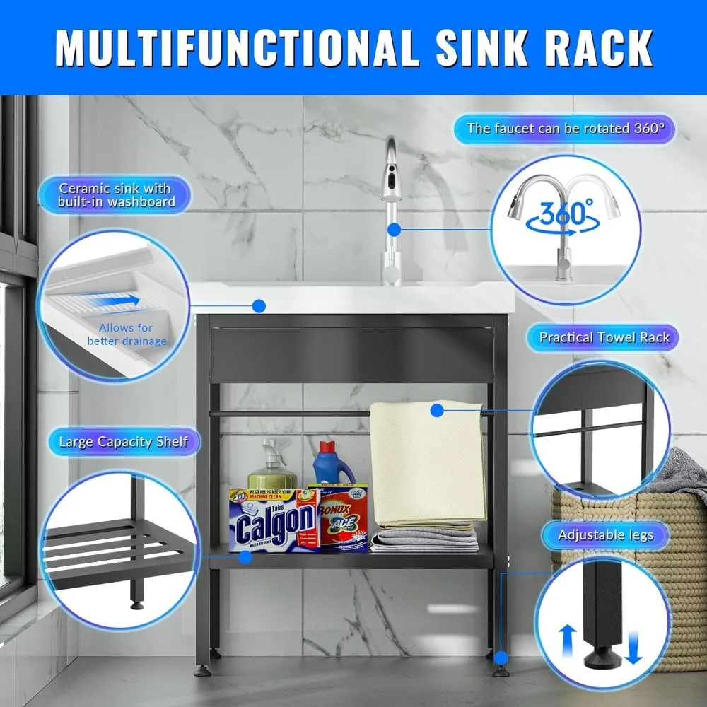 حوض سيراميك مقاس 28 × 19 × 34.3 مع مجموعة لوح غسيل، قائم بذاته، صنبور مياه بارد وساخن، يتضمن خراطيم، حوض غرفة الغسيل S #5