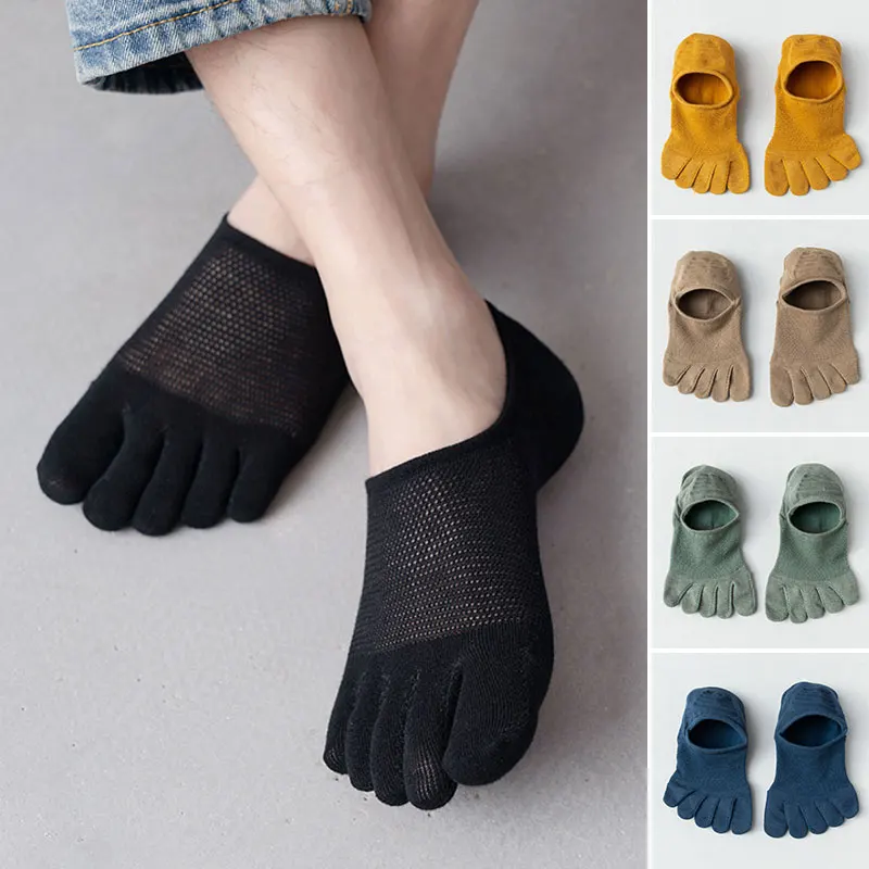 1Pair Men Women Slipper Toe Socks Breathable Hollow No Show Non Slip Five Fingers Socks Sweat-absorbing Ankle Short Boat Sock