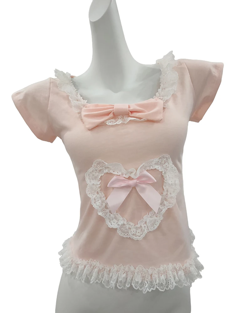 Cute T-Shirt Women Summer Lace Trim Love Shape Sweet Tops Tee for Kawaii Girls Bowknot TShirts