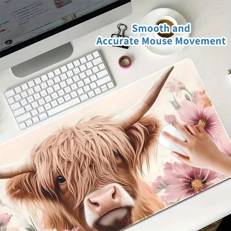 Large Extended Gaming Mouse Pad 1pc Floral Highland Cow Design Non-Slip Rubber Base Desk Mat for Precision And Comfort