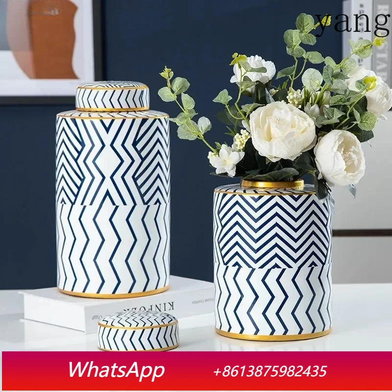 

Geometric striped ceramic storage tank with lid ceramic vase desktop modern decoration