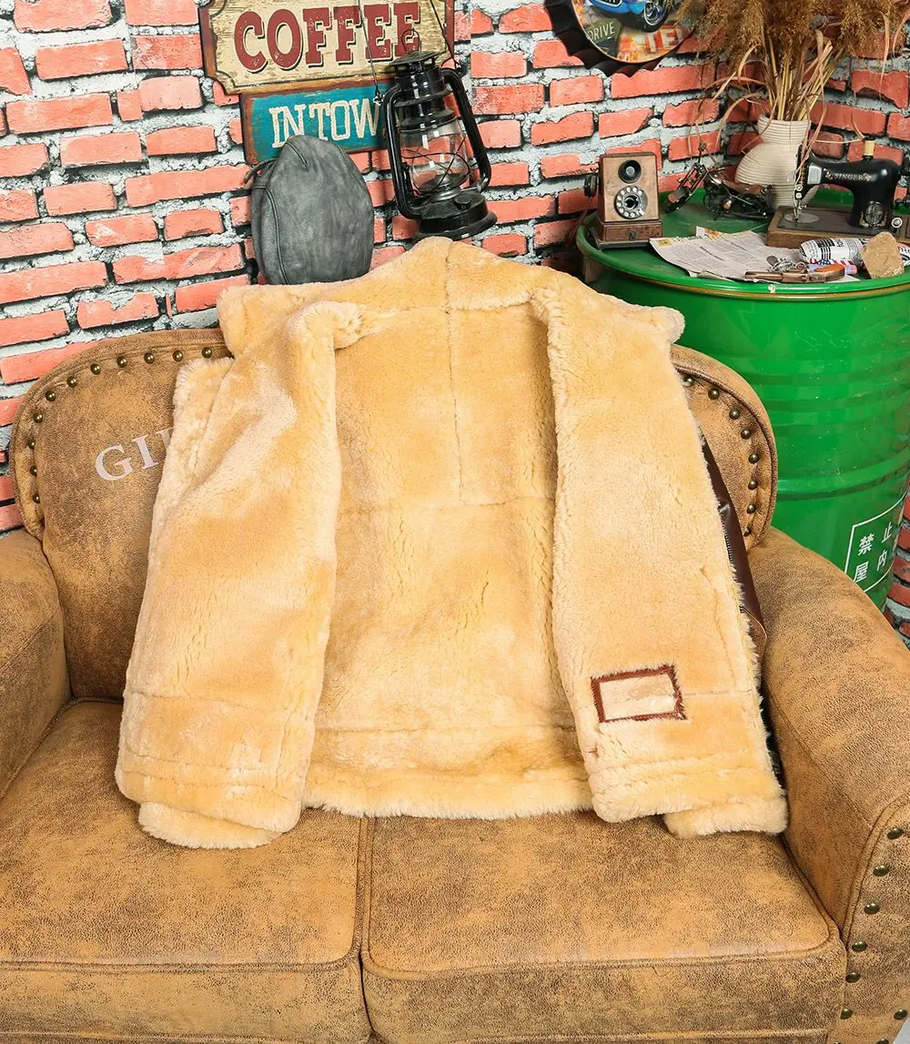 Neuankömmling Herren Winter warmer Mantel Schaffell Lammfell Pilot B3 Jacke dicke Wolle Liner echte Waschbär Pelz Kapuze Patchwork 8xl