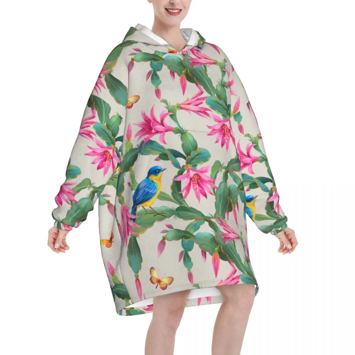 Wearable Blanket Hoodie Cactus Flowers Oversized Sweatshirts Blanket Warm Cozy Flannel Fleece Sherpa Blanket with Pockets