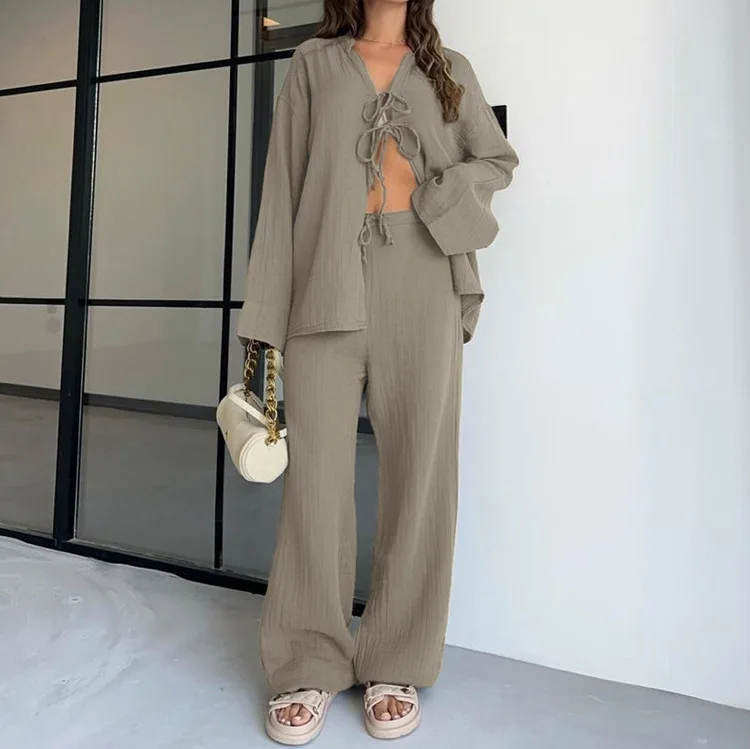 

Fashion Loose Brown Cotton 2 Piece Set Women Outfit 2025 Elegant Long Sleeve Shirt With High Waist Wide Pants Set Female