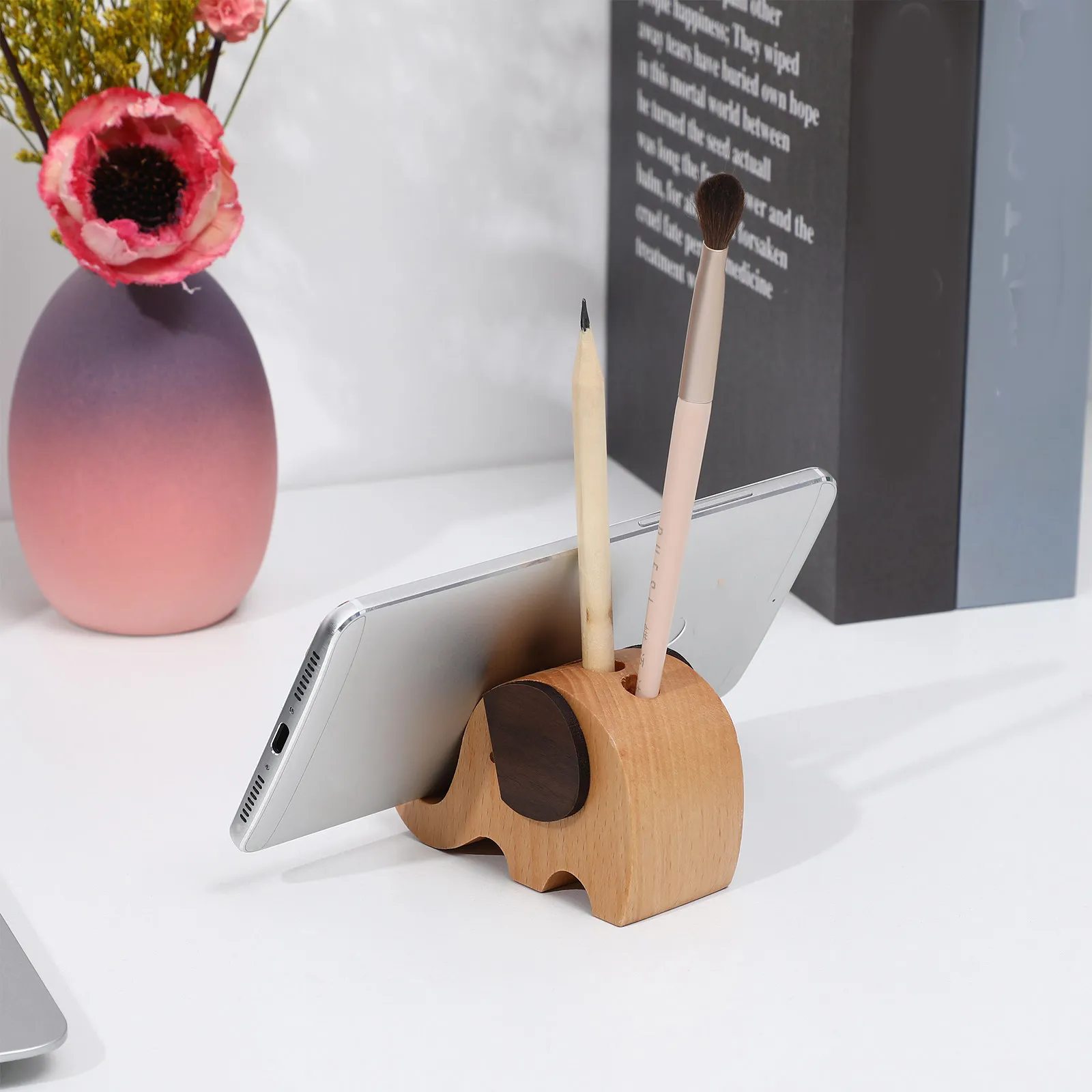 Elephant Pencil Holder Wooden Multifunctional Desk Organizer Pen Container Mobile Phone Stand for Home School Office