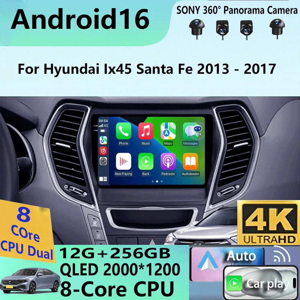 

Автомагнитола Android 16 для Hyundai Ix45 Santa Fe 2013-2017 с GPS, Carplay, мультимедиа, навигацией, стереосистемой и DSP
