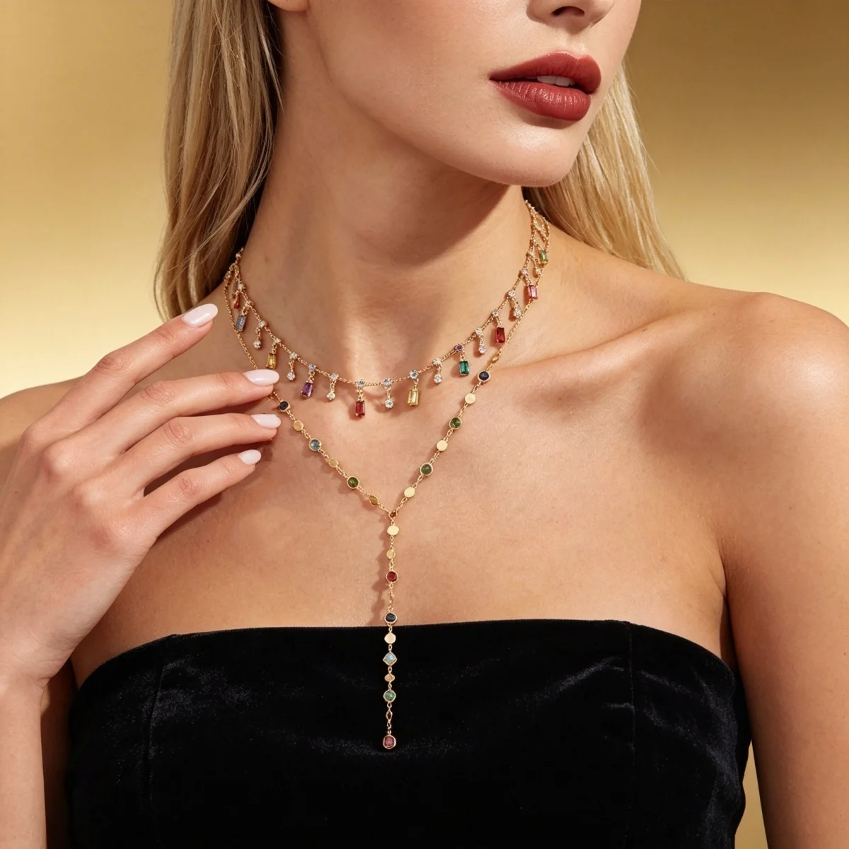 Leichter Luxus Funkelnde Bunte Strass-Quasten-Halskette für Frauen Eleganter Exquisiter Kristall Y-förmiger Choker Brautjungfern-Schmuck – Detail 16