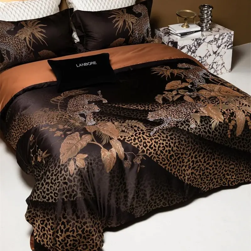 Leopard and Leopard Print Jacquard Luxury Bedding Set 1000TC Egyptian Cotton Brocade Duvet Cover Quilted Bedspread Pillowcases