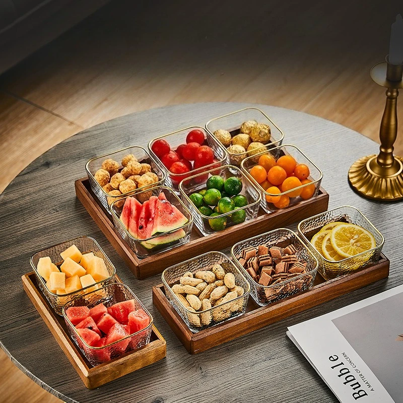 Walnut Wood Snack Tray Glass Lid Partition Storage Plate for Candy Dried Fruit Coffee Table Home Decorative Daily Use 간식 트레이