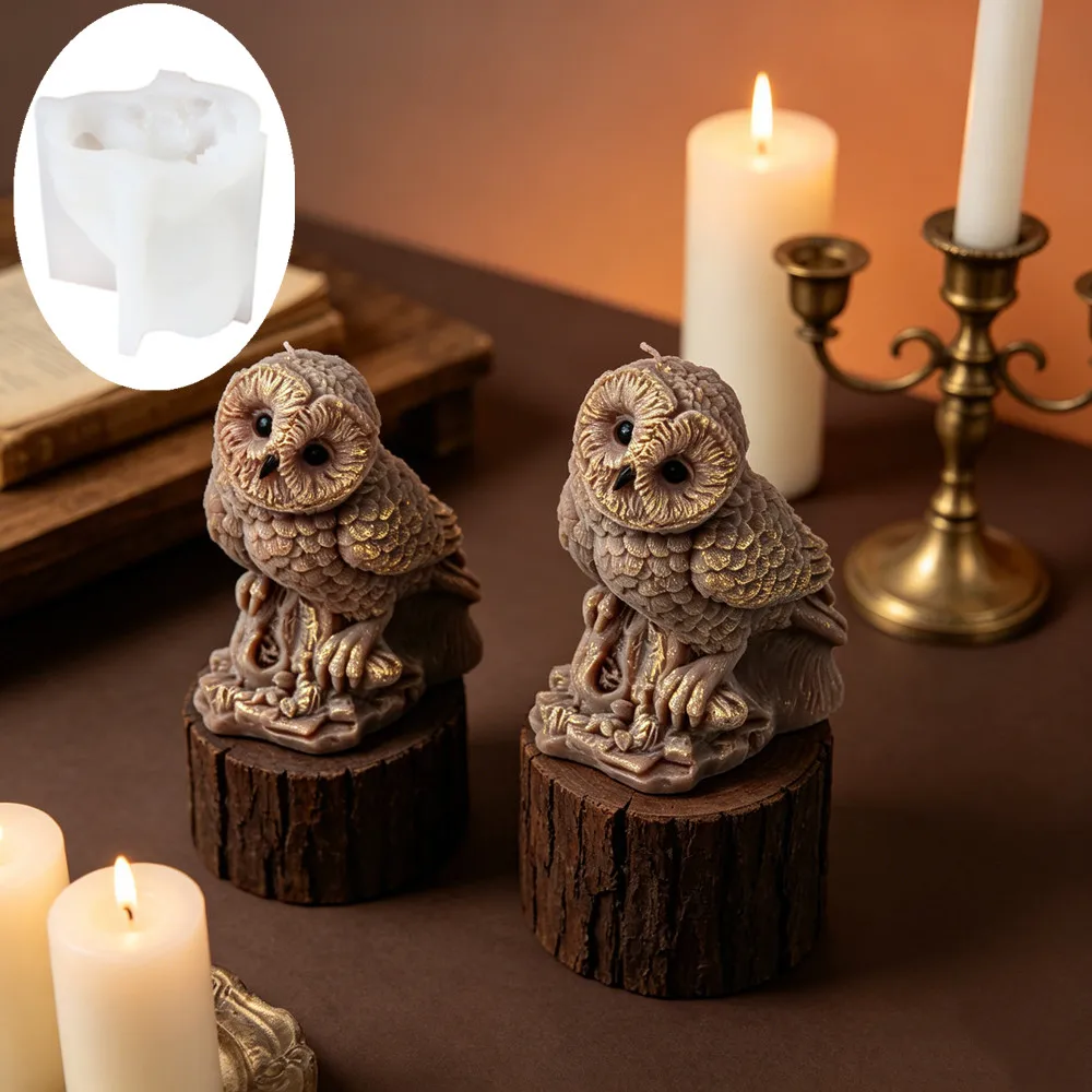 3D Realistische Eulen-Silikon-Kerzenform, detaillierte Glatzkopf-Eulenform auf einem Ast für DIY lebensechte Nachtigallen-Aroma-Kerzen, Harz-Handwerksdekoration