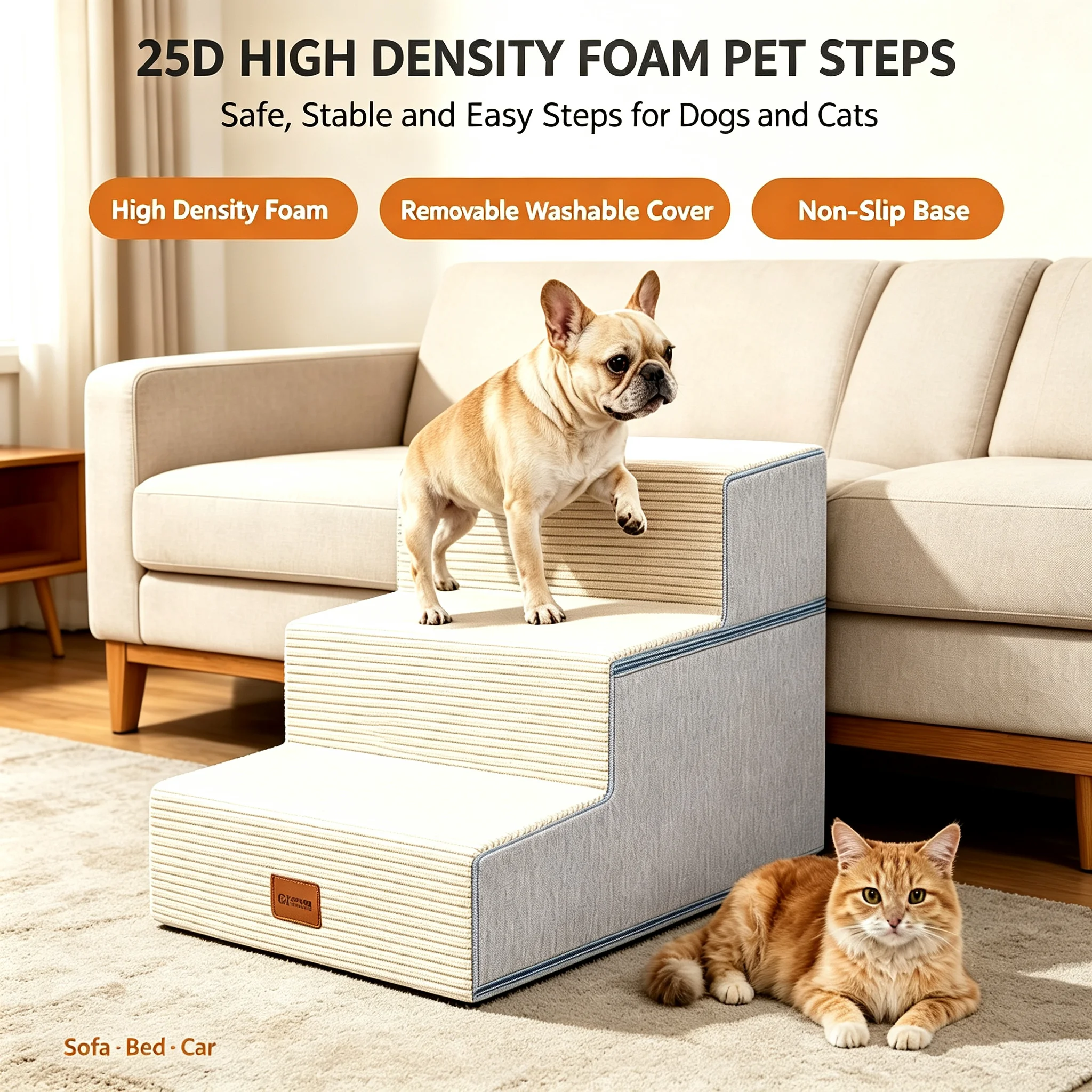 3-Step Dog Stairs for Small Dogs, 13.5" High Non-Slip Pet Steps for Bed Couch Sofa Chair, High Density Foam Pet Ramp with Washable Cover, Balanced Dog Steps for Senior & Injured Pets, Beige