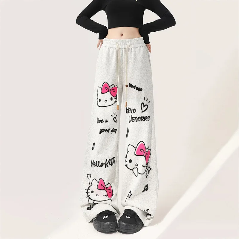 New Cute Hello Kitty Y2k Grey Pants Kawaii Printed Casual Loose High Street Wide Leg Elastic Waist Floor Pants for Women Anime