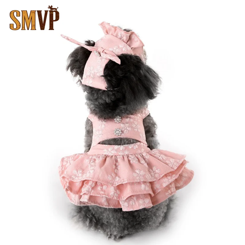 

Blue Jacquard Rhinestone Embellished Multi Layered Ruffled Puffy Dress Fresh Style Small Pet Dress with Head Band