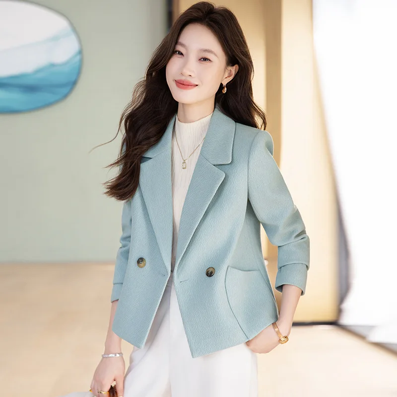 High quality woolen blazer for women long sleeve jacket with pocket autumn winter 2025 elegant office clothes brown blue beige