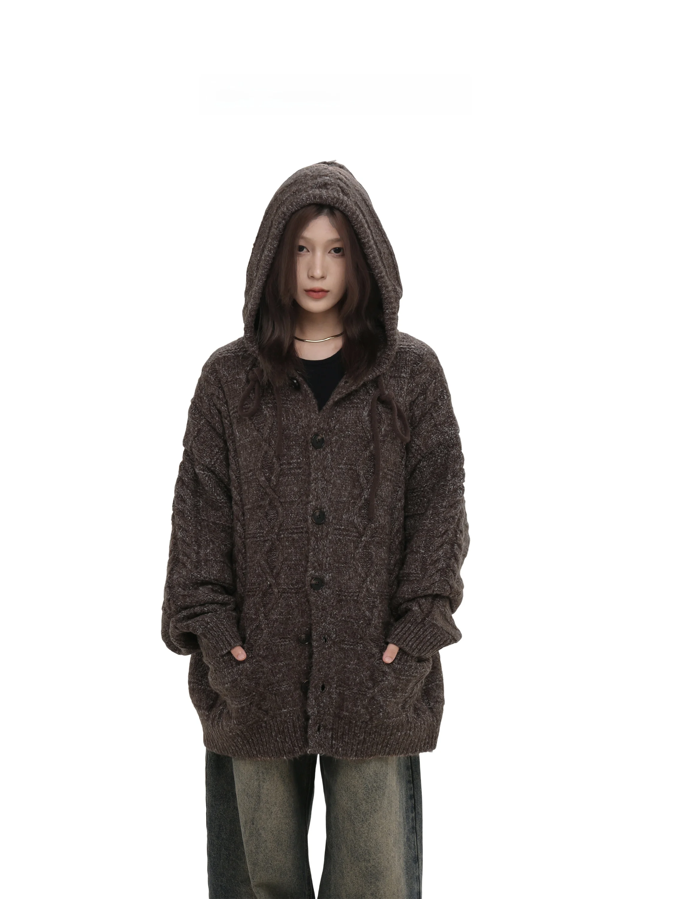 

GIBBYCNA Lazy Sle Thiened Casual Knitted Sweater Hooded Open Cardigan for Couples Autumn Winter Trendy Brand Men's Outerwear