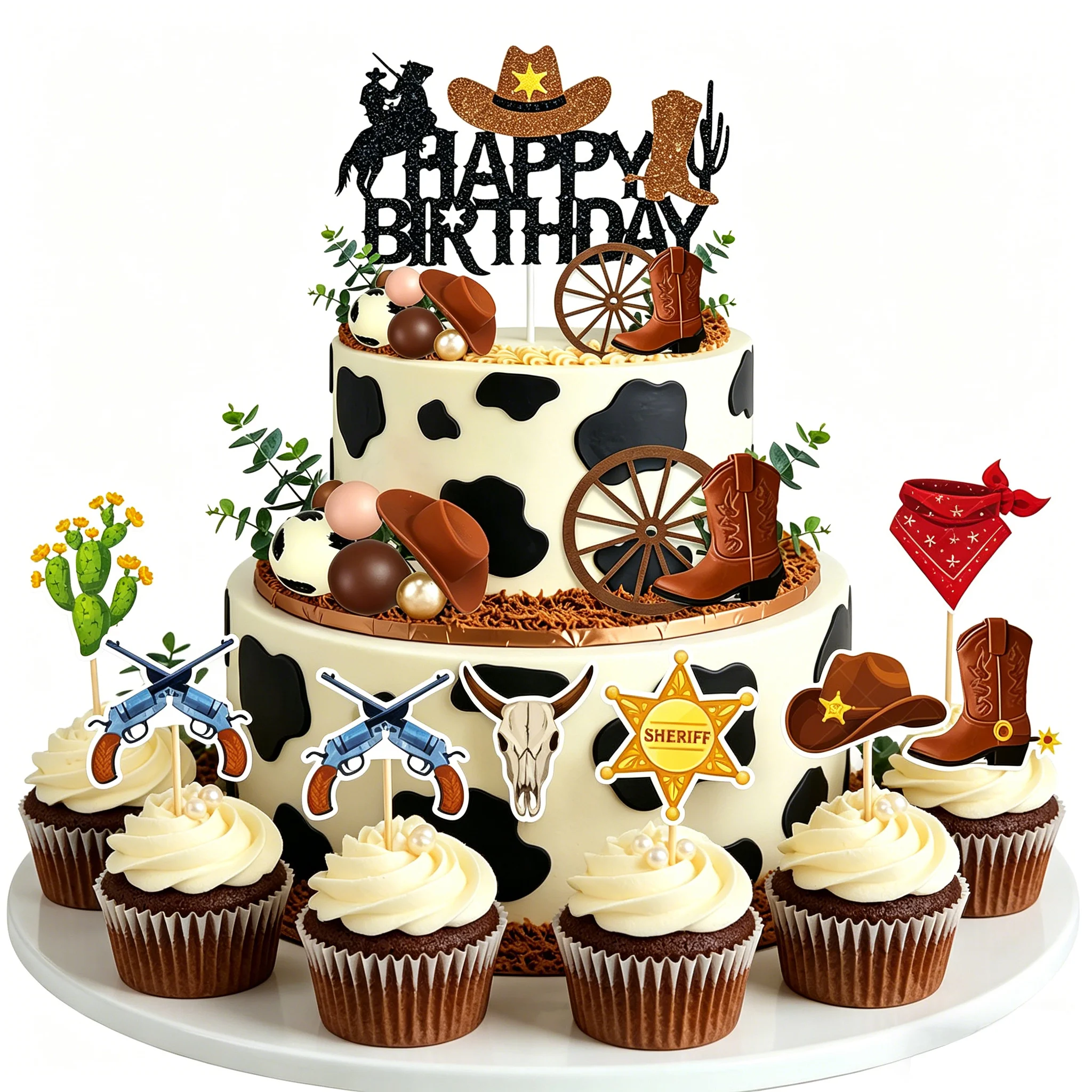 Western Cowboy Tortendekoration Glitzer Happy Birthday Junge Mädchen Cowboy-Themen Geburtstag Cupcake Picks Dekorationen Zubehör – Detail 5