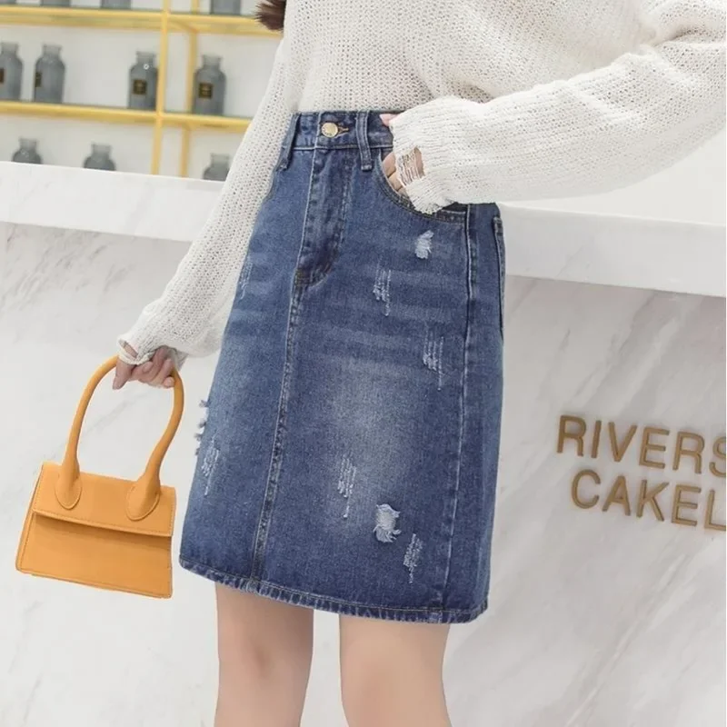 Chubby To Knees Length with Pocket Women's Denim Skirt Midi Female Jeans Skirts Ripped 2024 Trend Vintage Korean Fashion Cheap V