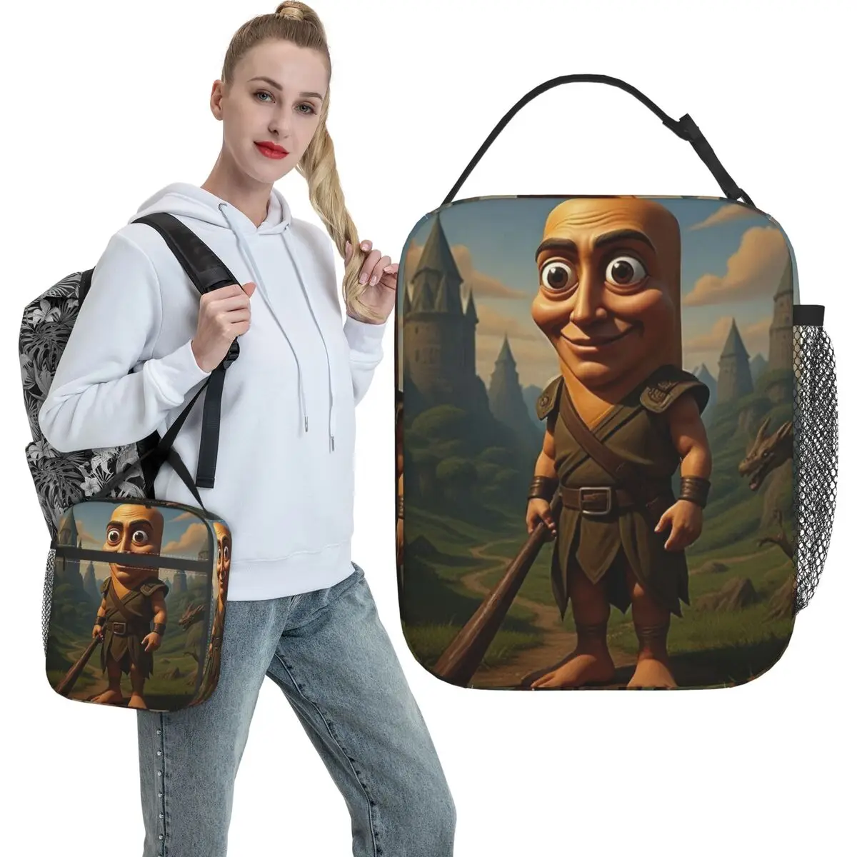 Tung Tung Tung Sahur Of The Dragon Peaks Lunch Bag Retro Lunch Box For Child Office Convenient Cooler Bag Oxford Tote Handbags