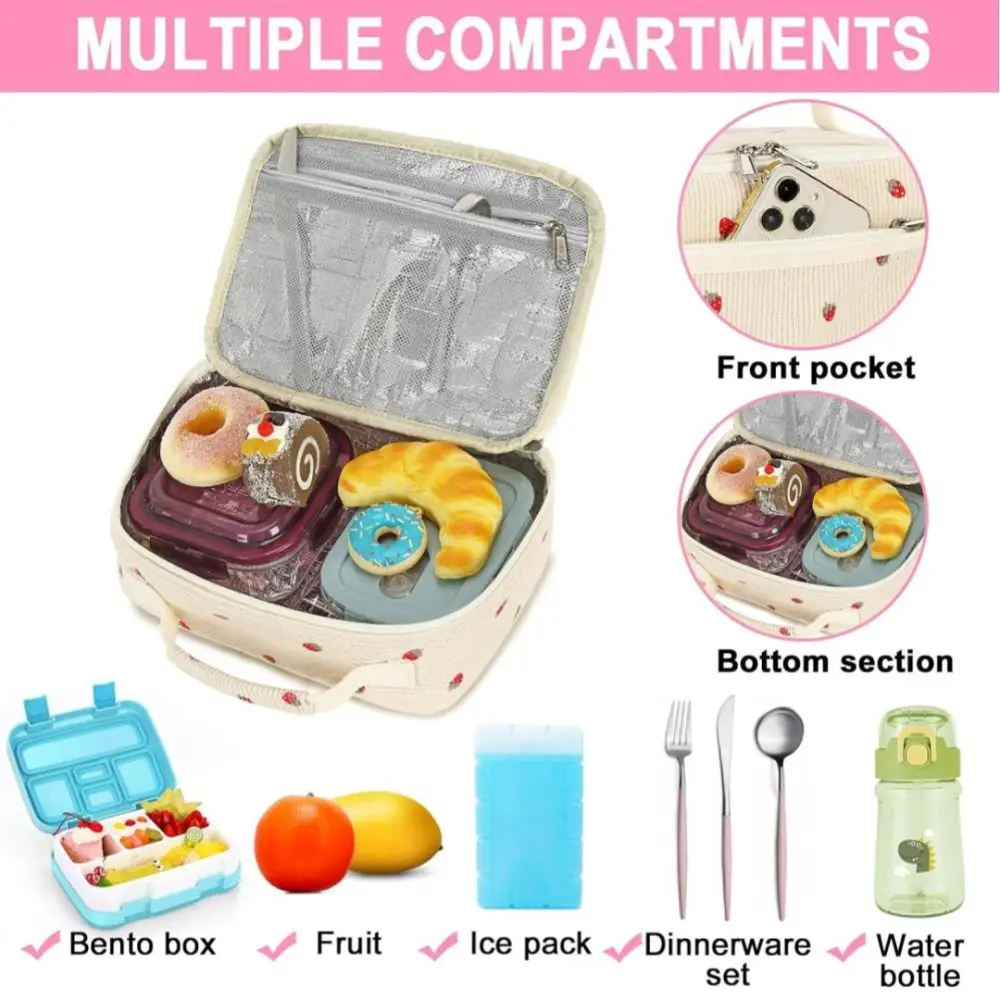 Reusable Corduroy Lunch Box Leakproof Strawberry Insulated Lunch Bag Beige Large Capacity Lunch Tote Adults