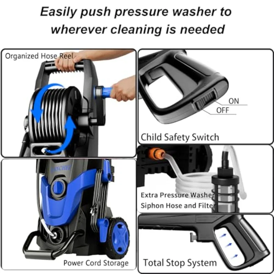 2025 ترقية غسالة الطاقة بالضغط 4800PSI مع 4 نصائح ضغط مختلفة مدخل خرطوم تصفية 500 مللي خزان الصابون آلة التنظيف العالي