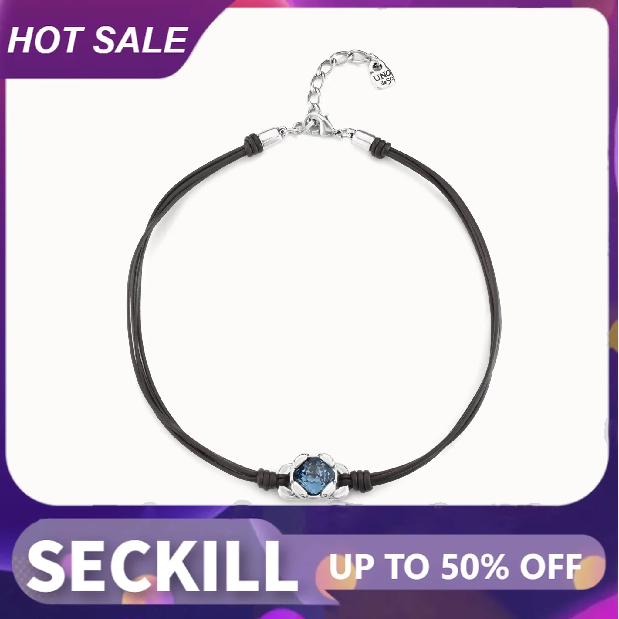 

S925de50-Blue Crystal Leather Rope Necklace For Women, Beautiful Quadrilateral Jewelry, High Quality Gift, Original,