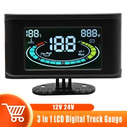 Car Oil Pressure Gauge Water Temperature Gauge Voltmeter 3 IN 1 LCD Truck Gauge 1/8 NPT Oil Press Sensor Multifunctional Gauge